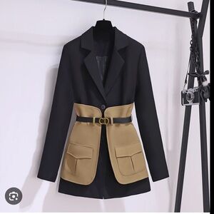 Tia Yu Cecia Blazer unique patchwork design contrast pockets and a waist belt.